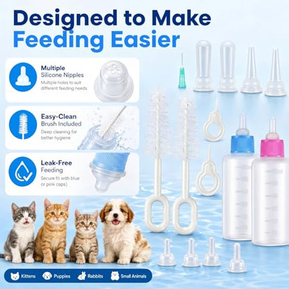 Tondiamo 17 Pcs Kitten Bottle Feeding Kit Puppy Bottles for Nursing Puppy Milk, Replacement Nipples Cleaning Brushes Bottle Opening Needles for Newborn Pet Cat Dog Rabbit Goat - color: Blue, Pink
