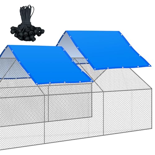 VitalCozy 2 Pcs Chicken Coop Cover Waterproof 11.5 x 6.6 ft Chicken Run Cover Coop Tarp Accessories for Winter with 50 Pcs Ball Bungees Cords for Outdoor (Blue) - color: Blue, size: 11.5 x 6.6 ft