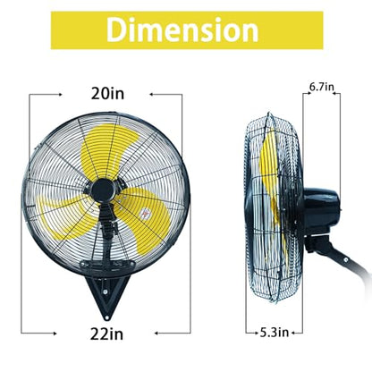 AZOUTDOOR Wall Mount Fan, 20" Oscillating Wall Fan with 7000CFM, 3-Speed, Upgrade Motor High Velocity Industrial Fans for Commercial, Garage, Residential and Patio Use, Yellow - color: Yellow 20"