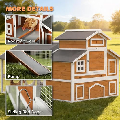 PawHut 79" L Chicken Coop for 6 Chickens Outdoor Wooden Hen House Poultry Cage with Run, 2 Nesting Boxes, Slide-Out Tray, Sliding Rod Door, Roosting Bar, Waterproof Asphalt Roof, Orange