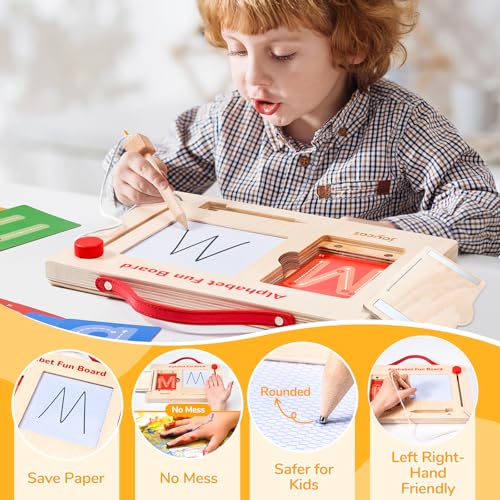JoyCat Wooden Letter Tracing Board for Toddlers 3-5, Magnetic Alphabet & Number Writing Practice Board with 36 Double-Sided Cards, Reusable Preschool Handwriting Toy, Travel Learning Activity