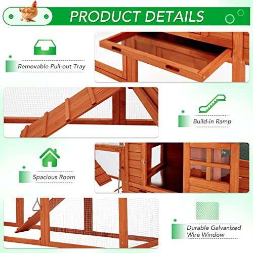 AECOJOY 123“ Chicken Coop for 10 Chickens | Large Chicken Coop with Run, 4 Nesting Boxes, Wooden Outdoor Chicken House with Removable Tray, Roosting Bars, Ramp, Brown - color: Brown
