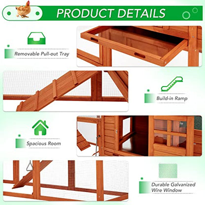 AECOJOY 123“ Chicken Coop for 10 Chickens | Large Chicken Coop with Run, 4 Nesting Boxes, Wooden Outdoor Chicken House with Removable Tray, Roosting Bars, Ramp, Brown - color: Brown