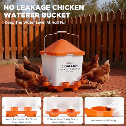 Eggluuz 5 Gallons Chicken Waterer Bucket with Chicken Water Cups, Adjustable Legs and Anti-Roost Cone