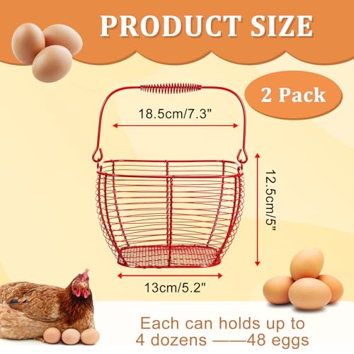 2 PCS 7" Red Square Wire Egg Baskets for Fresh Egg With Handle, Small Metal Collecting Basket for Gathering Fresh Eggs, Chicken and Duck Eggs Hunting Basket Egg Holder Countertop - color: Red