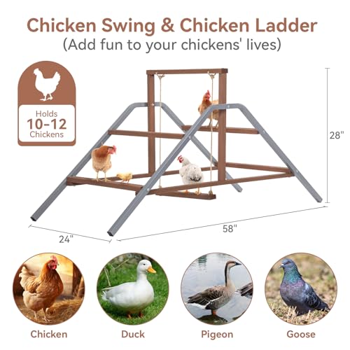 PETSFIT Chicken Perch Ladder-Solid Wood and Rustproof Iron Design, Chicken Ladder with Swing for Healthy Poultry-Ideal for Backyard Coops, Farms, Easy to Assemble and Clean - size: 58"Lx24"Wx28"H