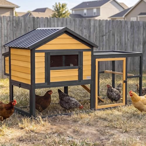 PETSFIT Wooden Chicken Coop with 71" Run for 4-6 Chickens, Predator-Proof Backyard Hen House with 6 Ground Anchors, 3 Nesting Boxes, 3 Perches & Chicken Swing, Waterproof PVC Roof, 3-Door Easy Clean