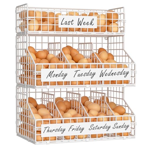 keomaisyto Egg Holder Countertop with 5 Dividers & DIY Nameplate to Separate Eggs, 3 Tier Stackable Wire Storage Baskets for Gathering Fresh Eggs, Wall-Mounted XXL Egg Rack, White (Patent Pending) - color: White, size: 3-Tier X-Large