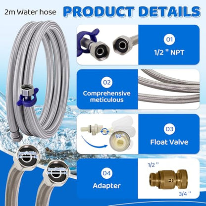 6.56ft Metal Water Hose for Automatic Livestock Waterer Replacement Parts | Includes 1/2" NPT to 3/4" GHT Flexible Water Pipe &1/2'' Float Valve Kit for Dog Water Bowl,Stock Tank