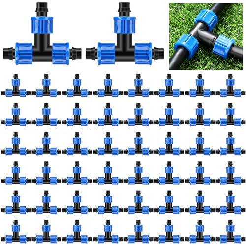 Tujoe 50 Pcs Drip Irrigation Tee Fittings 5/8 Inch Universal Tee Connector Drip Line Tubing Fittings Barbed Compatible with Most 16-17 mm Garden Hose Tubing Sprinkler Systems - style: Tee