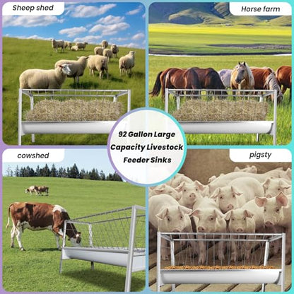 92 Gallon Pasture Feeder - Stainless Steel Goat Hay Feeder Large Capacity with 24.8" Wide Tray, Heavy Duty for Sheep, Horse, Livestock, Saves Time & Hay Waste