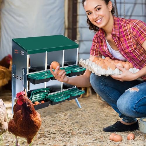 Chicken Nesting Boxes 6 Compartments Chicken Laying Boxes Roll Away Egg Collection Metal Poultry Nest Box with Perch and Lid Cover Free Standing Egg Laying Boxes for Hens Chicken - color: Green, size: 6 holes with legs