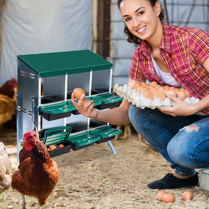 Chicken Nesting Boxes 6 Compartments Chicken Laying Boxes Roll Away Egg Collection Metal Poultry Nest Box with Perch and Lid Cover Free Standing Egg Laying Boxes for Hens Chicken - color: Green, size: 6 holes with legs