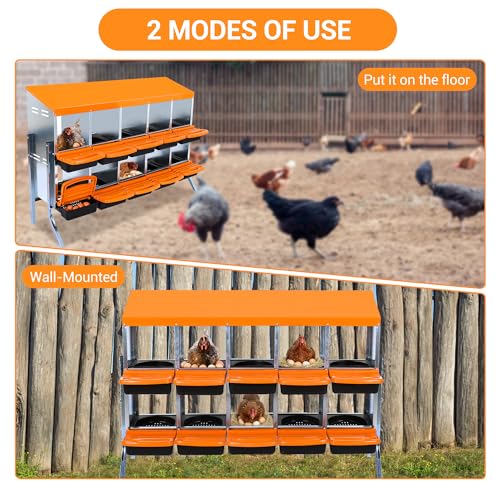 10-Hole Chicken Nesting Box, 2-Tier 10 Compartment Metal Roll Away Egg Laying Box with Lid & Legs, Easy Egg Collection, Galvanized Steel Rustproof Poultry Laying Boxes for Hens, Ducks, Farm, Yard - size: 10 holes with legs-Orange