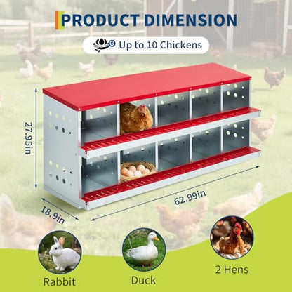 Chicken Nesting Boxes, 10 Compartment Metal Roll Away Nest Box with Vent Holes & Swing Perch, Easy Egg Collection for Hens & Ducks, Ideal for Poultry Coops