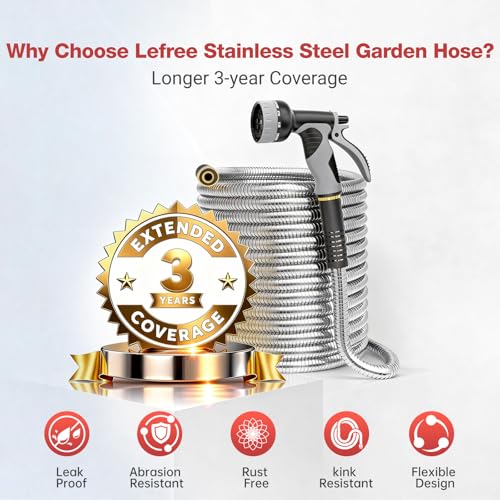 Lefree 100ft Metal Garden Hose - Heavy Duty 304 Stainless Steel Flexible Water Hose, No Kinks & Leak-Proof with Upgraded Handle, 10-Function Spray Nozzle & 4 Spare Gaskets for Yard, RV, Pet Bath - color: Gray, size: 100FT