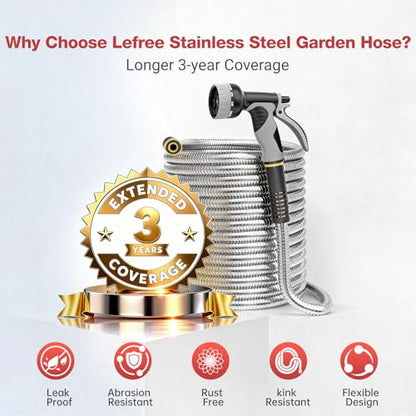 Lefree 100ft Metal Garden Hose - Heavy Duty 304 Stainless Steel Flexible Water Hose, No Kinks & Leak-Proof with Upgraded Handle, 10-Function Spray Nozzle & 4 Spare Gaskets for Yard, RV, Pet Bath - color: Gray, size: 100FT