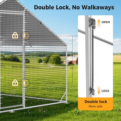 CAMMOO Metal Chicken Coop with Run, 9.8x6.6x6.6ft Walk-in Chicken Run for Yard with Cover, Upgrade Double Lock & Tough Mesh, Stainless Steel Ties, Easy Assembly, Chicken Pen for Ducks, Rabbits - size: 9.8'L x 6.6'W x 6.6'H