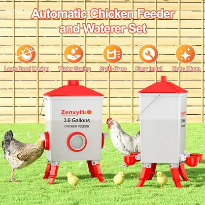 ZenxyHoC Chicken Feeder and Waterer Set with Anti-Roost Cone, 3 Height Adjustable Locking Legs for Backyard Flock