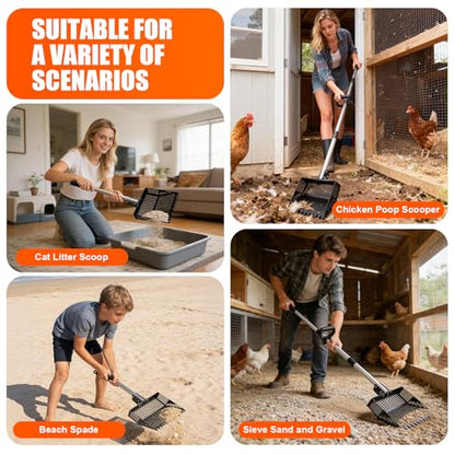 Chicken Poop Scooper,15-INCH Adjustable Angle Chicken Coop Scoop,3-in-1 Sand Rake with Stainless Steel Handle(36"-65"),Chicken Coop Accessories Cleaning Tool for Farm Animals - size: 63.0"L x 15.0"W x 8.3"H