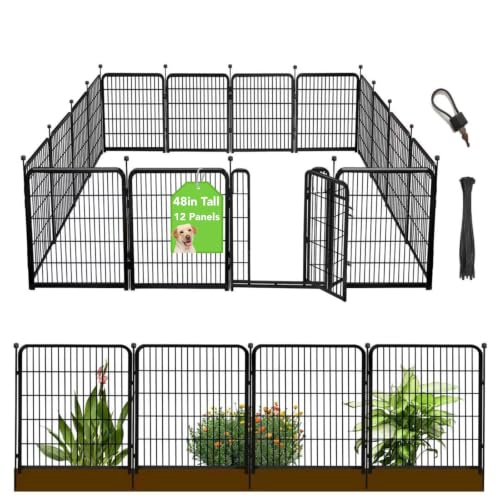 Getlay Tall Garden Fence with Gate 48 in(H)×27 in(L) 12 Panels Total 26.6 Ft(L), Garden Fencing to Keep Dogs Out, Heavy Duty Iron Metal Animal Barrier Fence, Flower Bed Fencing - size: 48''(H)-12panels-26.6ft(L)