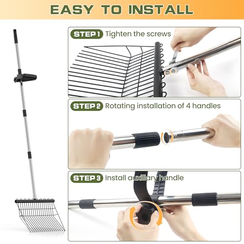 Manure Fork - Metal Horse Manure Rake with 2 Durafork Replacement Heads and 1 Steel Handle, Rustproof Heavy Duty Hay Pitch Fork for Horse Stall Poop