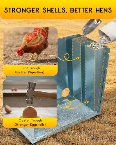Magicfly 85 lbs Chicken Feeder No Waste, Large Metal Automatic Chicken Feeder Box, 12 Bell-Mouth Feeding Port, with Handle, Grit & Oyster Shell Trough, Chick Feeder on Wheels for Chickens, Ducks - size: 85 lb