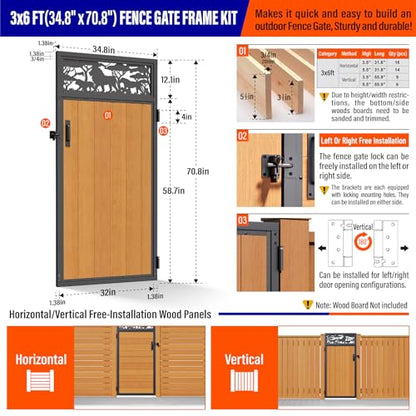 3x6FT (34.8" W X 70.8" H) 201 Stainless Steel Anti Sag Wooden Fence Gate Kit Heavy Duty Garden Gate Frame Hardware Kit Reinforcement (Left/Right Free-Installation) - size: W3xH6 FT-Lion