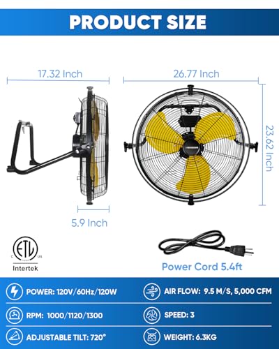 KEN BROWN 20 Inch Wall Mount Fan or Floor Fan 5000 CFM, High Velocity Industrial Shop Fan with Dual 720° Rotation, 3-Speed Heavy Duty Metal for Garage, Patio, Barn, Porch - size: 20 inch Wall Fan