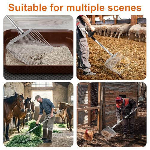 15-inch Large Chicken Poop Scooper with Ergonomic Grip, 4 in 1 Adjustable Chicken Coop Pooper Shovel (24 to 70"), Sifting Litter Shovel for Chicken Coop/Goat Stall/Stable Cleaning