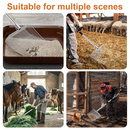 15-inch Large Chicken Poop Scooper with Ergonomic Grip, 4 in 1 Adjustable Chicken Coop Pooper Shovel (24 to 70"), Sifting Litter Shovel for Chicken Coop/Goat Stall/Stable Cleaning