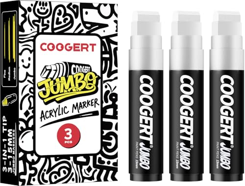 Coogert 3Pcs White Jumbo Poster Markers, 15MM Thick Permanent Acrylic Graffiti Markers, Wide Tip Paint Marker for Canvas, Posters Board, Fabric, Window, Glass, Wood, Teachers,Banner painting supplies - color: White