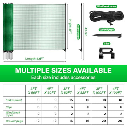 Temporary Fence with Posts, 3‘x82‘ Animal Barrier Dog Portable Fencing with Fiberglass Stake Windbreak Rope, Safety Snow Plastic Netting Roll for Garden Backyard Outdoor for Chickens or Other Animals - size: 3x82FT