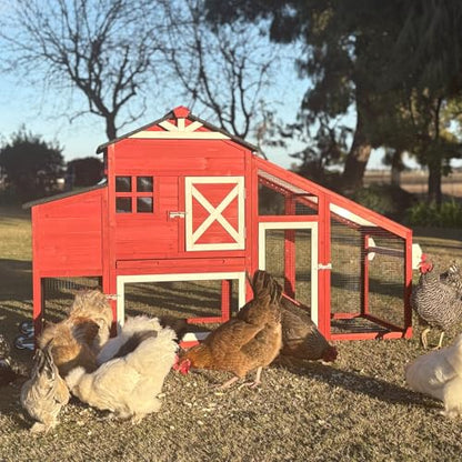 Aivituvin Chicken Coop Mobile Chicken House on Wheels Expandable Wooden Poultry Cage with Large Nesting Box Leakproof Pull-Out Tray Rabbit Hutch Bunny Cage,UV-Resistant Roof - size: Red 73.38"L x 27.9"W x 43.2"H