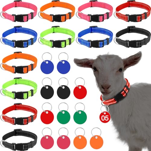 Foilswirl 12 Pack Goat Collars with Number Tag Adjustable Nylon Livestock Collar with No. 01-12 ID Number Tags Sheep Collars Set for Small Livestock Farm Animal Goat Sheep Cow (Reflective) - style: Reflective