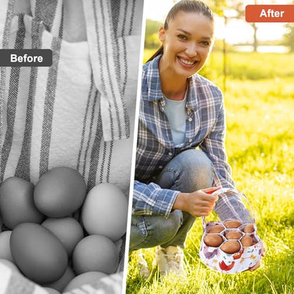 Egg Collecting Basket, Canvas Egg Basket for Gathering with 7 Pouches for Chicken, Duck, Goose, Bird, Various Poultry Collection (Cartoon Chicken Style 3) - style: Cartoon Chicken Style 3