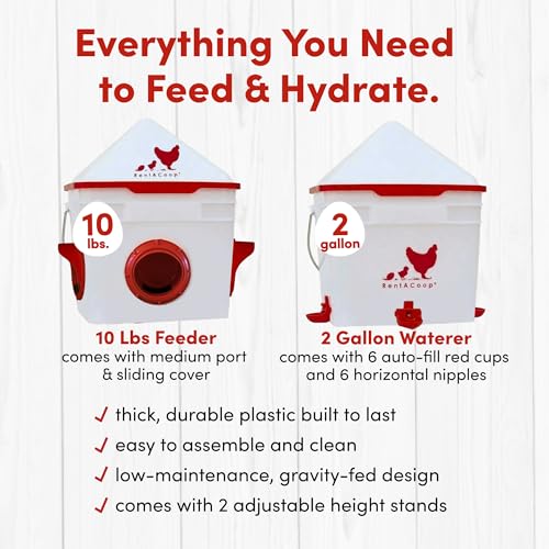 RentACoop Chick2Chicken 10lb Feeder & 2 Gal Waterer Set with Gravity Feed Refill & Auto-Fill Cups, Horizontal Nipples - BPA-Free Food & Water Buckets for Up to 20 Chicks or 12 Adult Chickens - size: Set with Nipples and Auto-Refill Cups