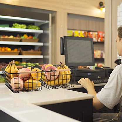 Black 2PCS Wire Storage Baskets with Wooden Handles - Organizing Pantry and Kitchen Cabinets - Metal Wire Food Storage Basket - color: Black 2PCS