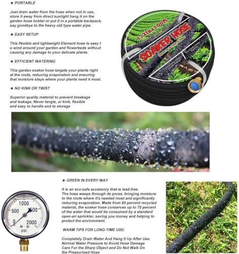 Soaker Hose 1/2" 100ft Rubber Garden Soaker Hoses Kit, Water Seeper Round Drip Hose, Heavy Duty Drip Irrigation Hose For Vegetable, Lawn, Plants and Trees Watering - size: 1/2inch 100ft Brass
