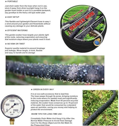 Soaker Hose 1/2" 100ft Rubber Garden Soaker Hoses Kit, Water Seeper Round Drip Hose, Heavy Duty Drip Irrigation Hose For Vegetable, Lawn, Plants and Trees Watering - size: 1/2inch 100ft Brass