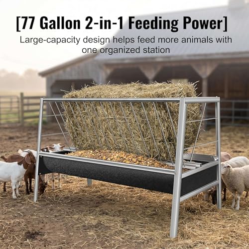 Stainless Steel Hay Feeder for Goats, 77-Gallon Livestock Feeder with 22-Gallon Rubber Feeding Pan, 33.4" Anti-Waste Rack for Sheep, Miniature Horses and Small Farm Animals - color: black and white