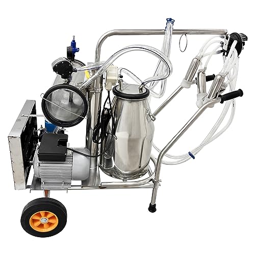 INTBUYING 110V Electric Vacuum Pump Cow Milking Machine Portable Milking Equipment for Cows & Goats with 25L/6.6Gal 304 Stainless Steel Bucket, 1440RPM, 10-12 Cows/Hour Capacity Milker for Farm Use