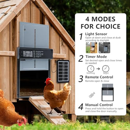 Automatic Chicken Coop Door Solar Powered, LCD Screen Electric Chicken Coop Door with Timer & Light Sensor, 4 Modes Solar Chicken Coop Door, Anti-Pinch & Door Pry Warning Coop Door with Remote Control