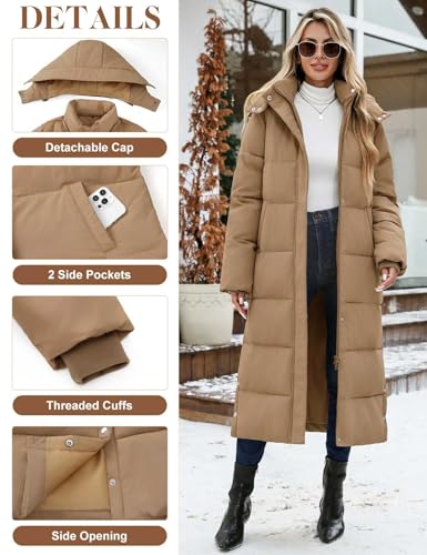 UMIPUBO Women's Long Maxi Down Coat Winter Puffer Jacket Warm Padded Outerwear Faux Fur Removable Hood Parka Full-Zip - color: Khaki, size: X-Large
