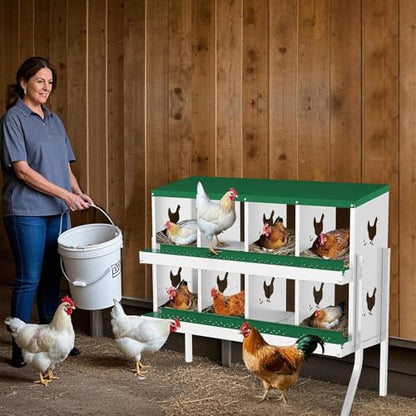 Chicken Nesting Box, 8 Compartment Metal Chicken Nesting Boxes for Chicken Coop, Large Vented Holes Chicken Laying Boxes with Rollout Egg Collection, Wall Mount Chickens Coops - color: Green, size: 8 Holes with Legs