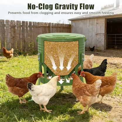 Metal Chicken Feeder No Waste, 20 Lbs Large Automatic Chicken Feeder with 12 Ports, Adjustable Height Poultry Feeder with Lid & Handle, Rat Proof Rust Proof Feed Box for Poultry & Backyard Chickens