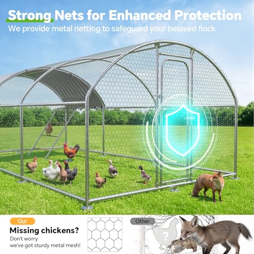 Large Metal Chicken Coop with Weatherproof Canopy for Farm and Backyard Animals Including Chickens, Ducks, and Rabbits (10’ W x 19.7’ L x 6.4’ H, Dome Roof-Roosting Perch)