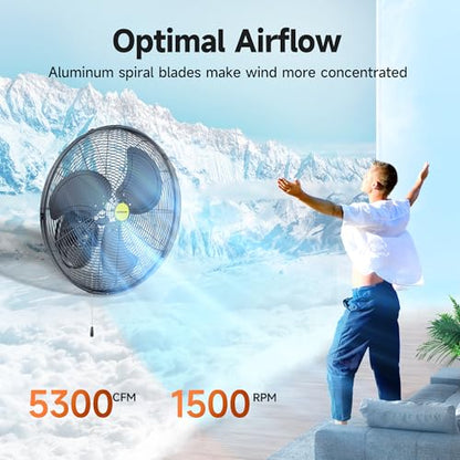 VAGKRI Wall Mount Fan, 20 Inch High Velocity Metal Oscillating Fan, 3 Speeds, 5300CFM Industrial Wall Fan for Home Office Patio Garage Factory Greenhouse Warehouse Farm