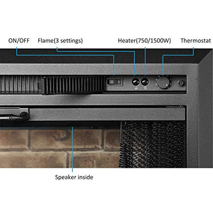 PuraFlame Klaus Electric Fireplace Insert with Fire Crackling Sound, Glass Door and Mesh Screen, 750/1500W, Black, 29 15/16 Inches Wide, 23 3/16 Inches High - size: 30" without Trim