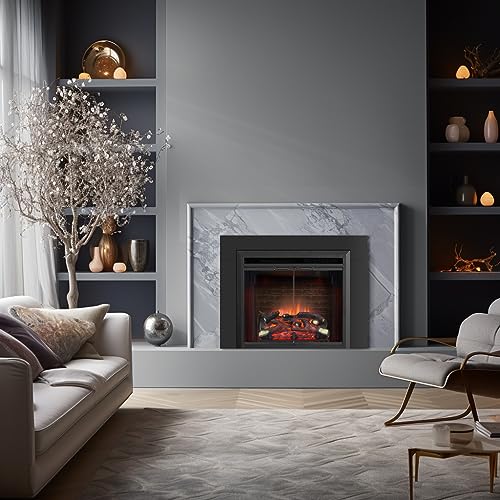 PuraFlame Klaus 26” Electric Fireplace Insert with Trim Kit, Fire Crackling Sound, Resin Log, Glass Door and Mesh Screen, 750/1500W Heater, Black - size: 26" with Trim